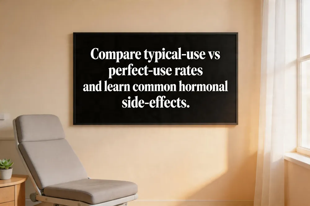 Compare typical‑use vs perfect‑use rates and learn common hormonal side‑effects.