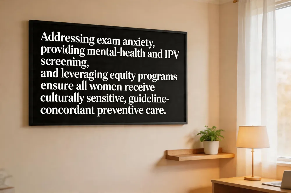 Addressing exam anxiety, providing mental‑health and IPV screening, and leveraging equity programs ensure all women receive culturally sensitive, guideline‑concordant preventive care.