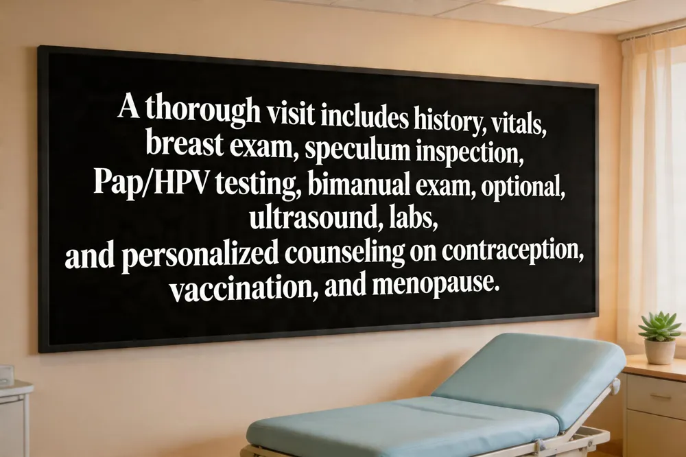 A thorough visit includes history, vitals, breast exam, speculum inspection, Pap/HPV testing, bimanual exam, optional ultrasound, labs, and personalized counseling on contraception, vaccination, and menopause.
