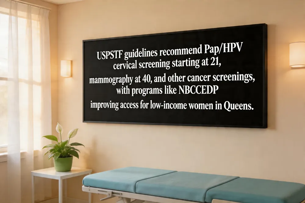 USPSTF guidelines recommend Pap/HPV cervical screening starting at 21, mammography at 40, and other cancer screenings, with programs like NBCCEDP improving access for low‑income women in Queens.