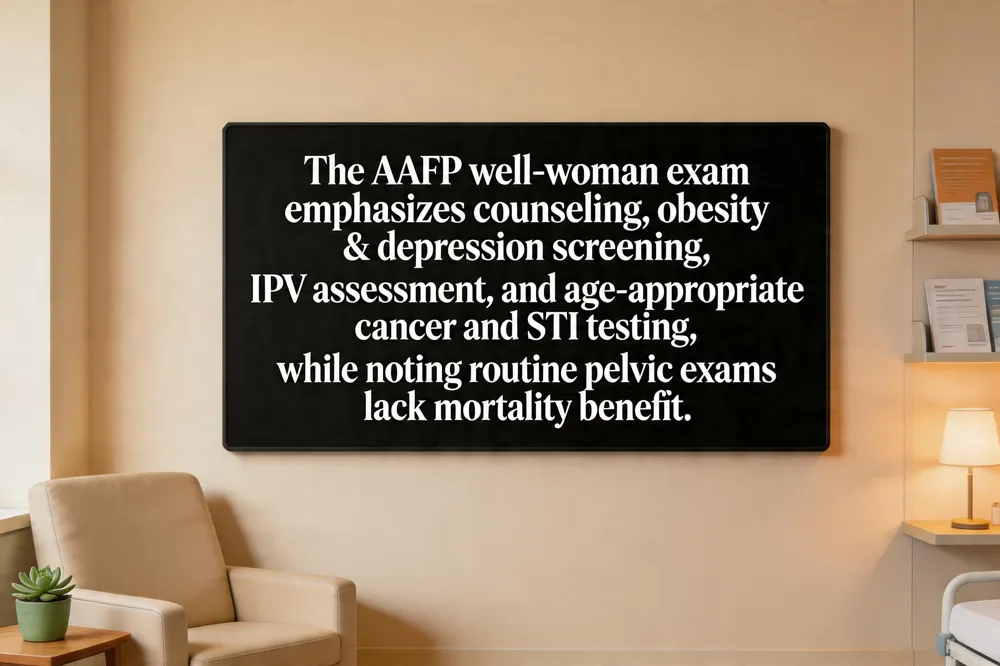 The AAFP well‑woman exam emphasizes counseling, obesity & depression screening, IPV assessment, and age‑appropriate cancer and STI testing, while noting routine pelvic exams lack mortality benefit.