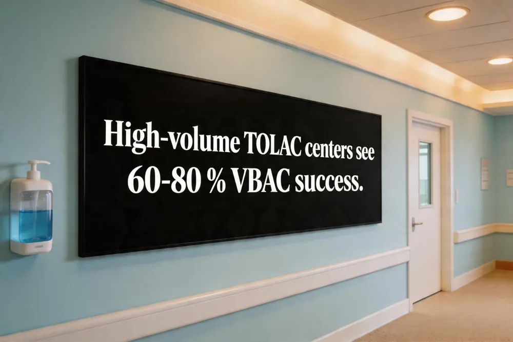 High‑volume TOLAC centers see 60‑80 % VBAC success.