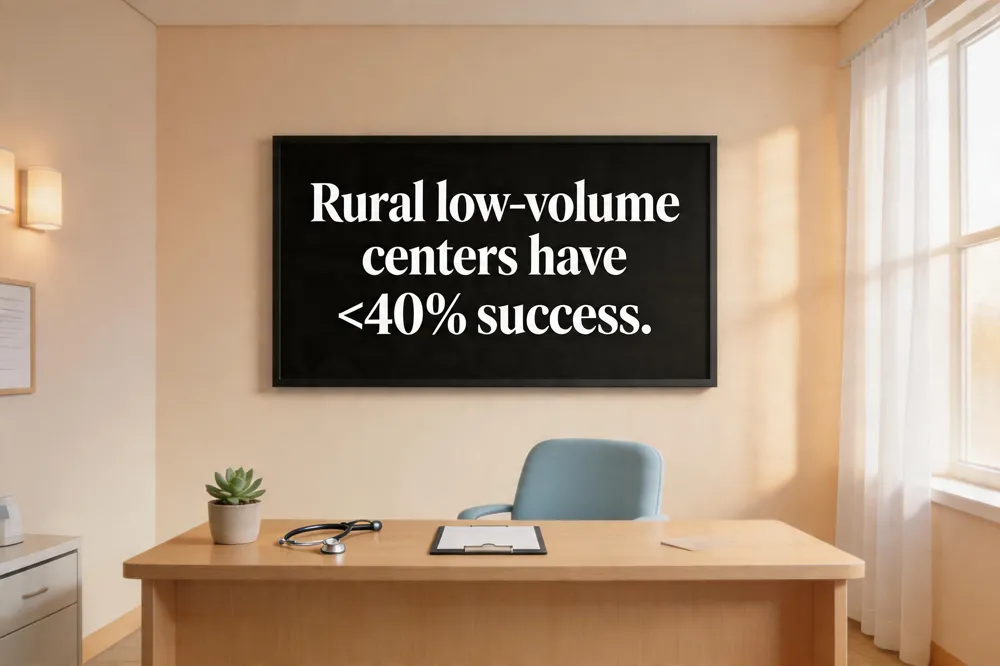Rural low‑volume centers have <40 % success.