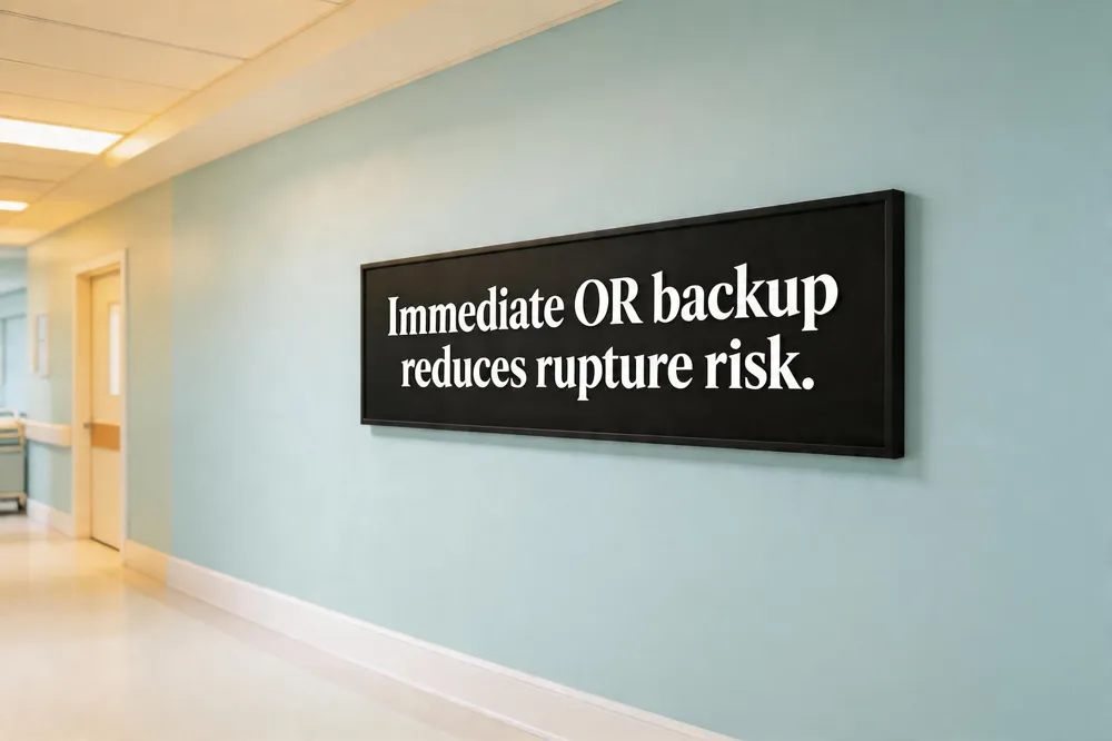 Immediate OR backup reduces rupture risk.