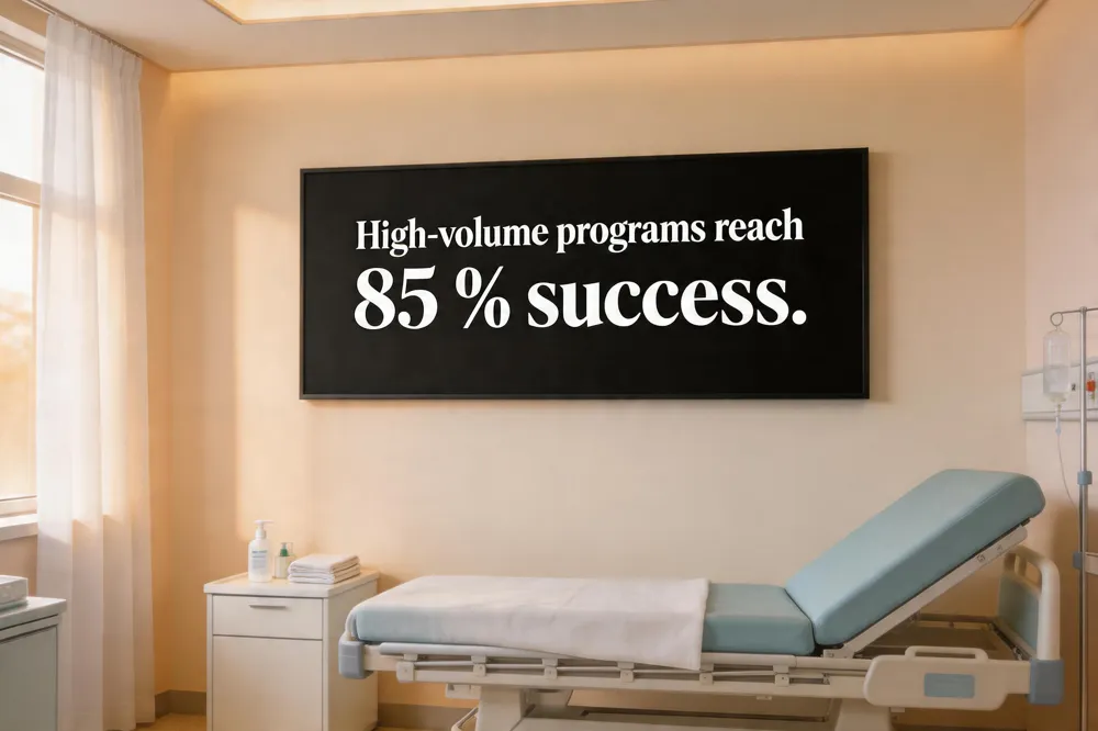High‑volume programs reach 85 % success.