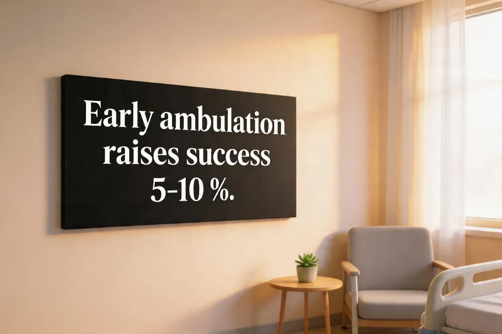Early ambulation raises success 5‑10 %.