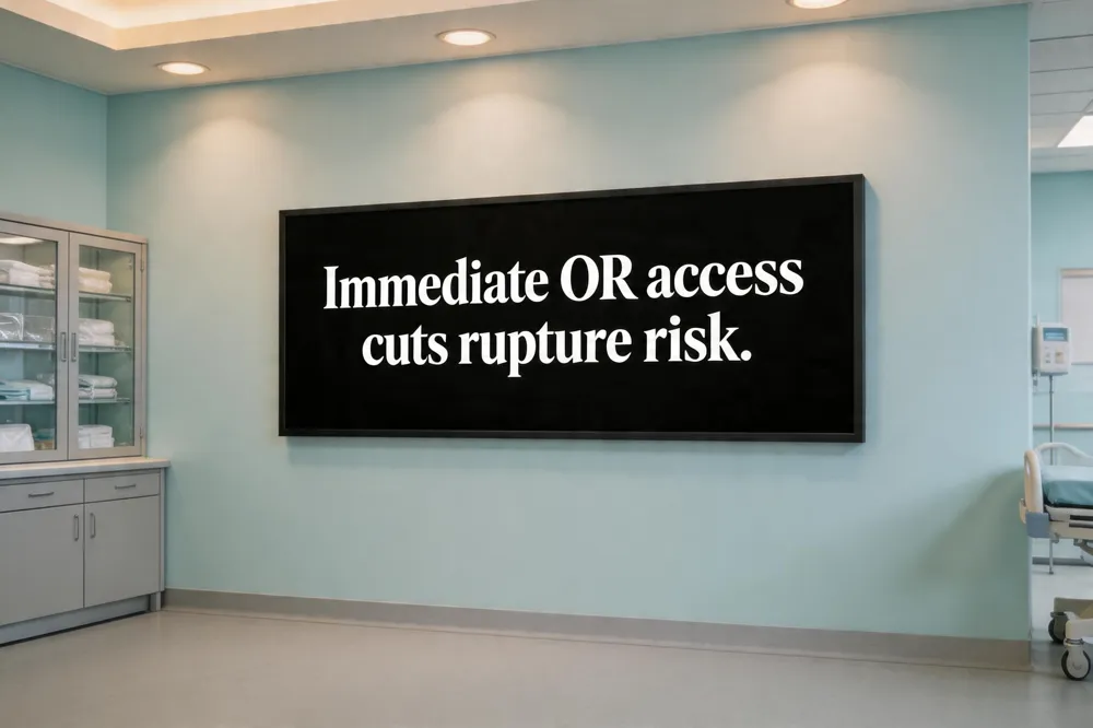 Immediate OR access cuts rupture risk.