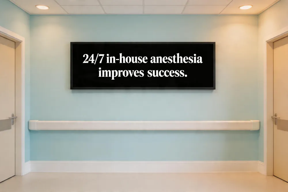 24/7 in‑house anesthesia improves success.