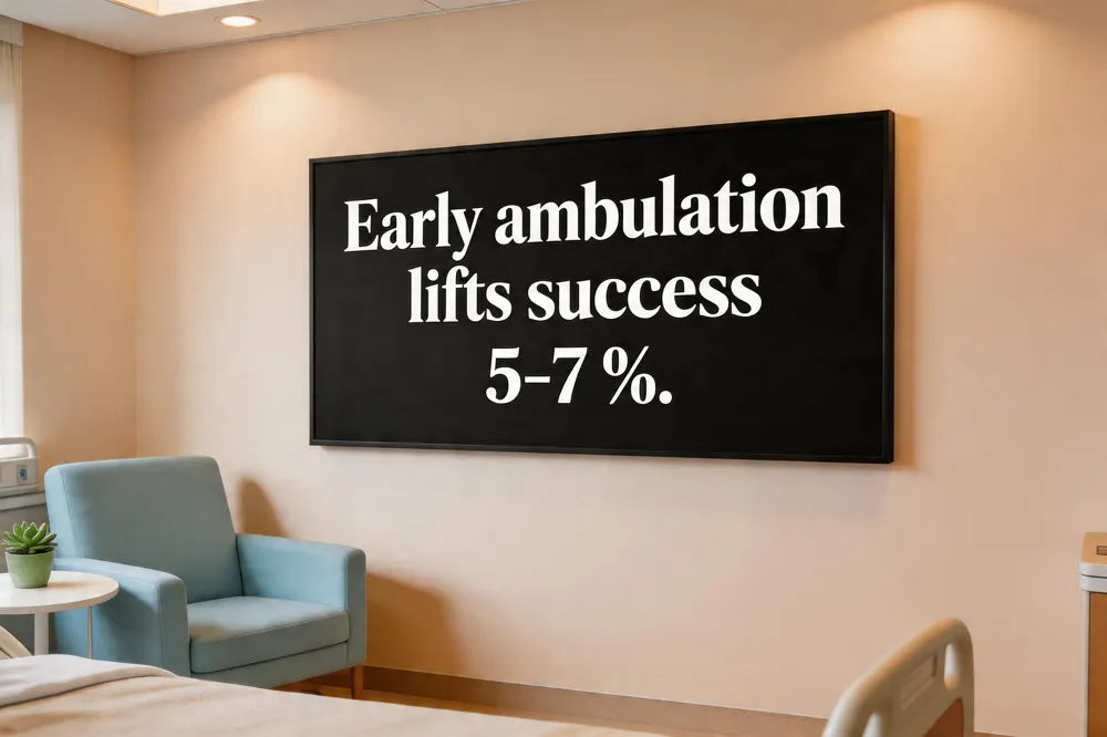 Early ambulation lifts success 5‑7 %.