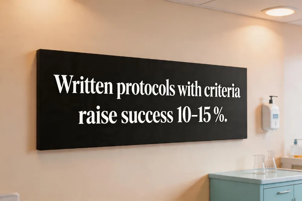 Written protocols with criteria raise success 10‑15 %.