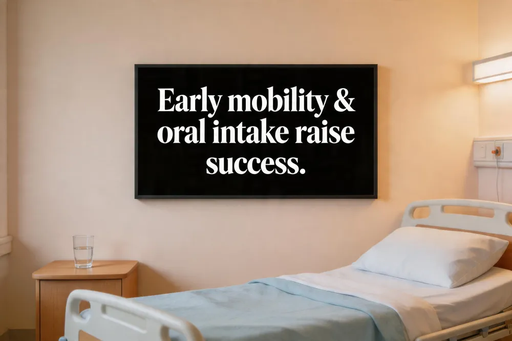 Early mobility & oral intake raise success.