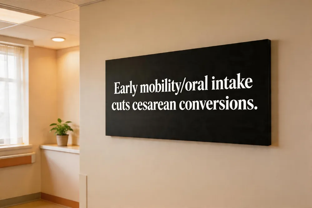 Early mobility/oral intake cuts cesarean conversions.