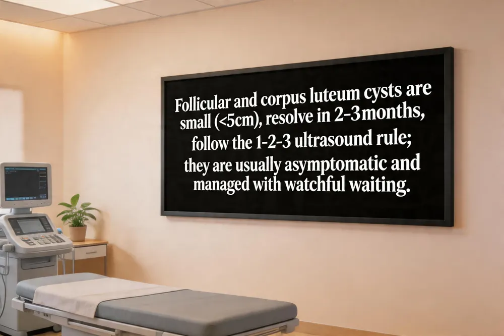 Follicular and corpus luteum cysts are small (<5 cm), resolve in 2‑3 months, and follow the 1‑2‑3 ultrasound rule; they are usually asymptomatic and managed with watchful waiting.