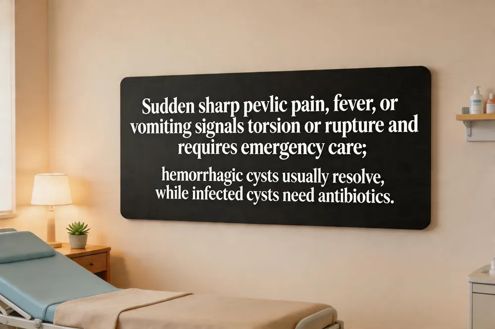 Sudden sharp pelvic pain, fever, or vomiting signals torsion or rupture and requires emergency care; hemorrhagic cysts usually resolve, while infected cysts need antibiotics.