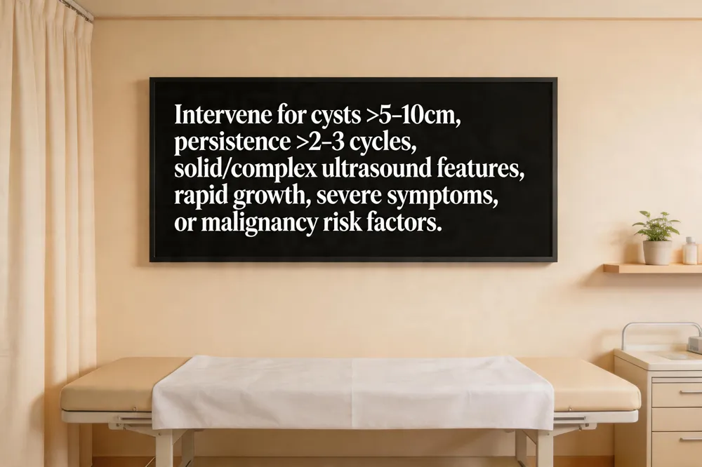 Intervene for cysts >5‑10 cm, persistence >2‑3 cycles, solid/complex ultrasound features, rapid growth, severe symptoms, or malignancy risk factors.