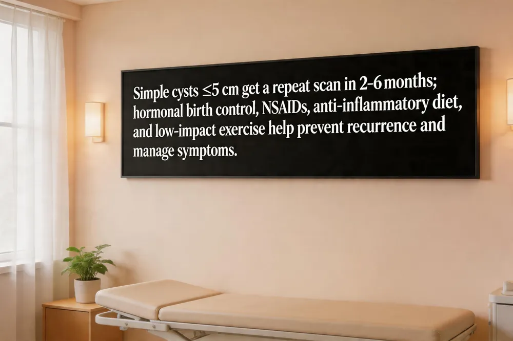 Simple cysts ≤5 cm get a repeat scan in 2‑6 months; hormonal birth control, NSAIDs, anti‑inflammatory diet, and low‑impact exercise help prevent recurrence and manage symptoms.