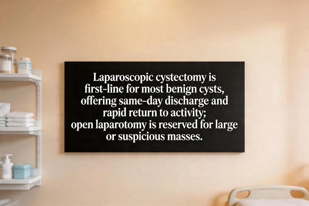 Laparoscopic cystectomy is first‑line for most benign cysts, offering same‑day discharge and rapid return to activity; open laparotomy is reserved for large or suspicious masses.